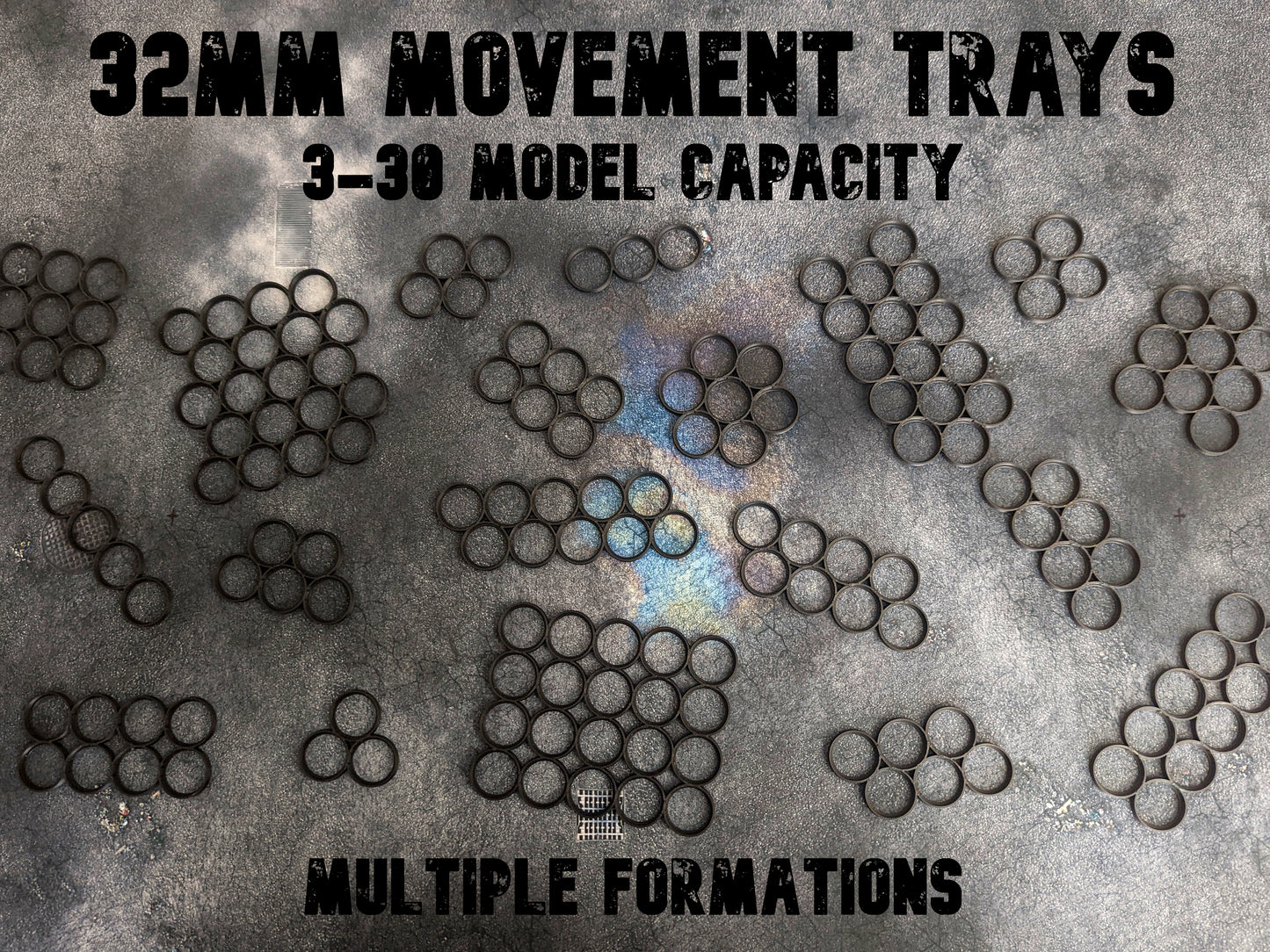Movement trays for miniatures with 32mm bases. Perfect for games like Warhammer 40k, Warhammer Age of Sigmar, and Star Wars Legion. Movement trays help to move multiple models at once during the game or while transporting miniatures.