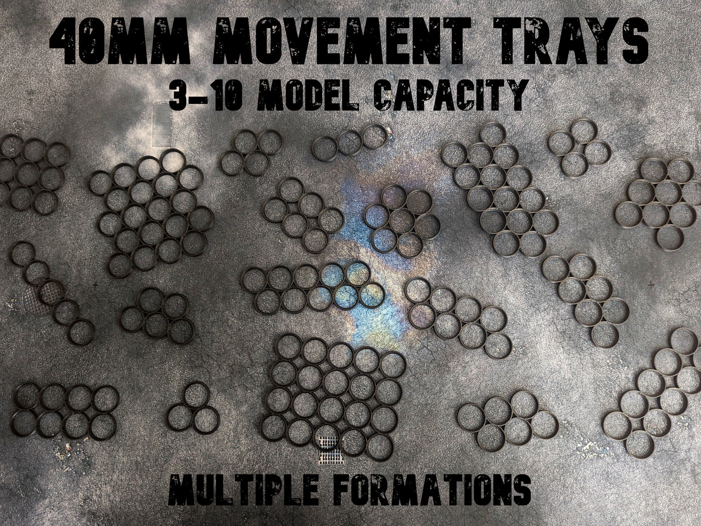 Movement trays for miniatures with 40mm bases. Perfect for games like Warhammer 40k, Warhammer Age of Sigmar, and Star Wars Legion. Movement trays help to move multiple models at once during the game or while transporting miniatures.