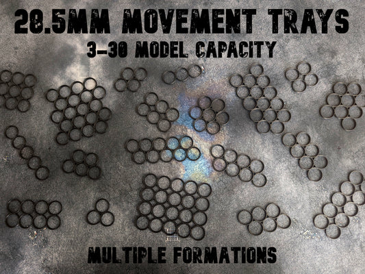 Movement trays for miniatures with 28.5mm bases. Perfect for games like Warhammer 40k, Warhammer Age of Sigmar, and Star Wars Legion. Movement trays help to move multiple models at once during the game or while transporting miniatures.