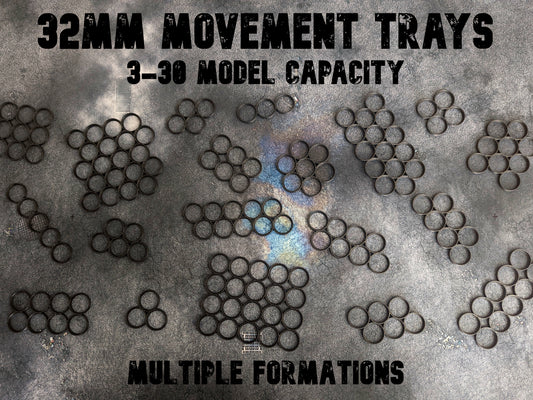 Movement trays for miniatures with 32mm bases. Perfect for games like Warhammer 40k, Warhammer Age of Sigmar, and Star Wars Legion. Movement trays help to move multiple models at once during the game or while transporting miniatures.