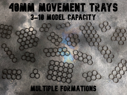 Movement trays for miniatures with 40mm bases. Perfect for games like Warhammer 40k, Warhammer Age of Sigmar, and Star Wars Legion. Movement trays help to move multiple models at once during the game or while transporting miniatures.