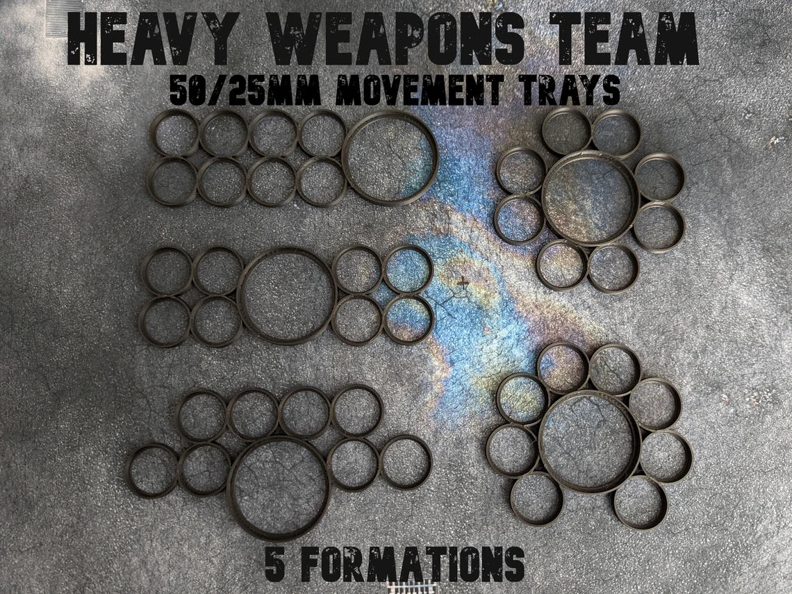 Movement trays for miniatures with 25mm bases. Perfect for games like Warhammer 40k, Warhammer Age of Sigmar, and Star Wars Legion. Movement trays help to move multiple models in a heavy weapons team at once during the game or while transporting miniatures.