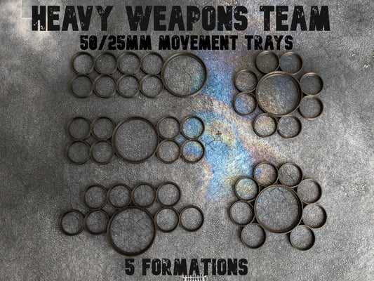 Movement trays for miniatures with 25mm bases. Perfect for games like Warhammer 40k, Warhammer Age of Sigmar, and Star Wars Legion. Movement trays help to move multiple models in a heavy weapons team at once during the game or while transporting miniatures.